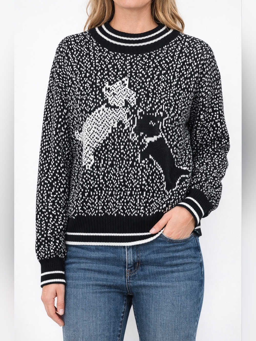 Scottish Terrier Dog Knit Sweater Women M Black White Cozy Pullover